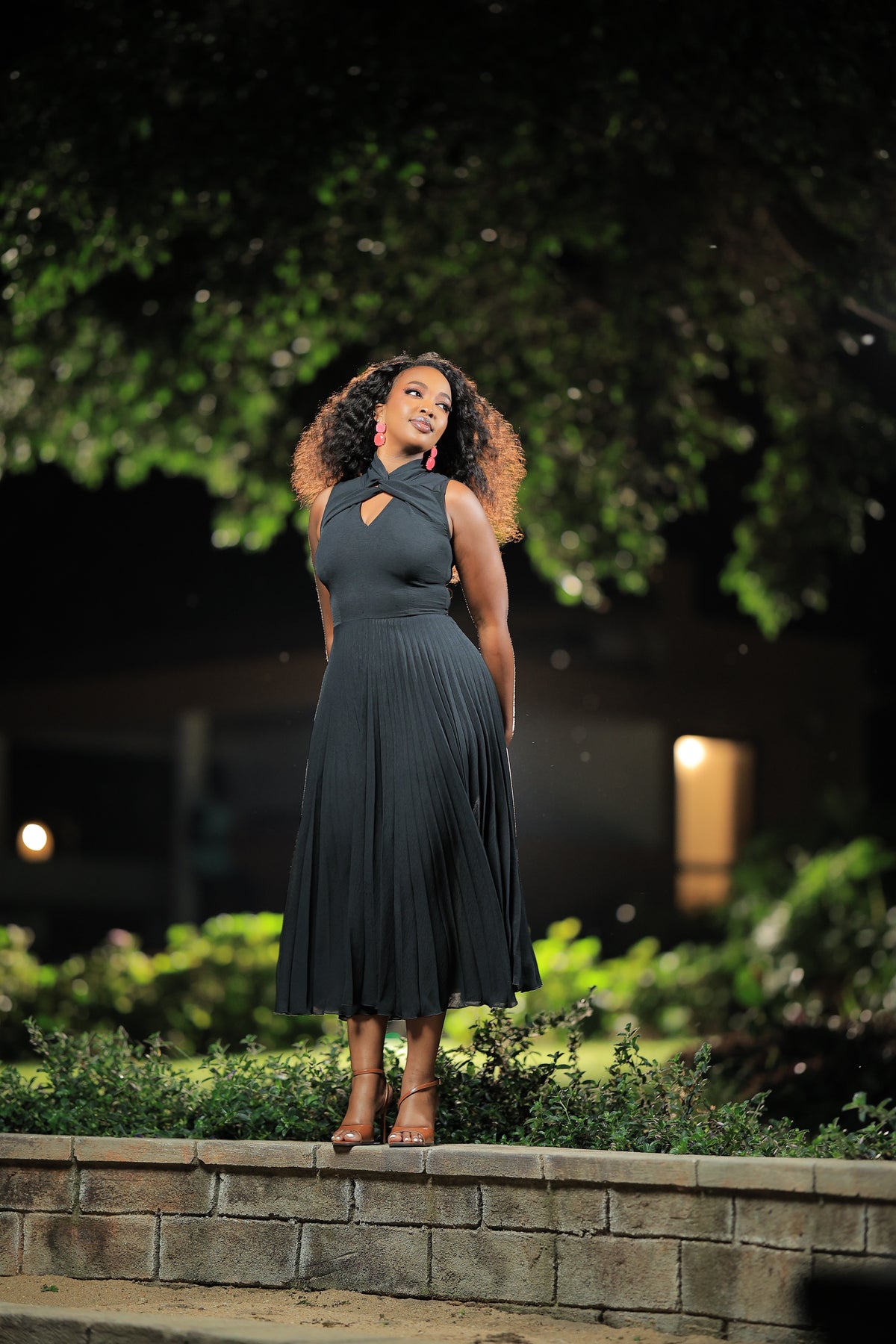 The Wimbi Black Twist Neck Pleated Skater Maxi Dress