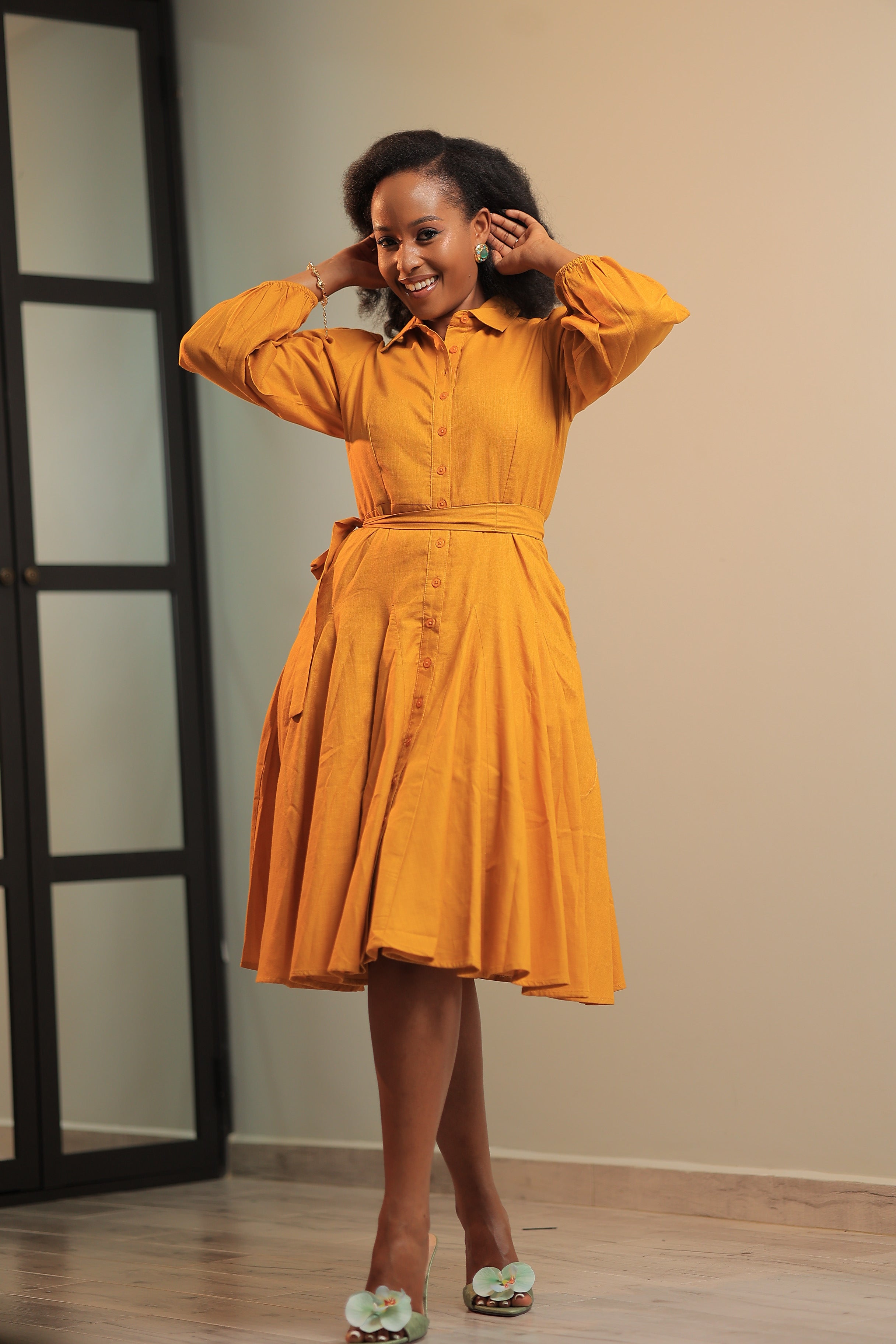 long sleeve yellow skater dress Long Sleeve V Neck Skater Dress In YELLOW