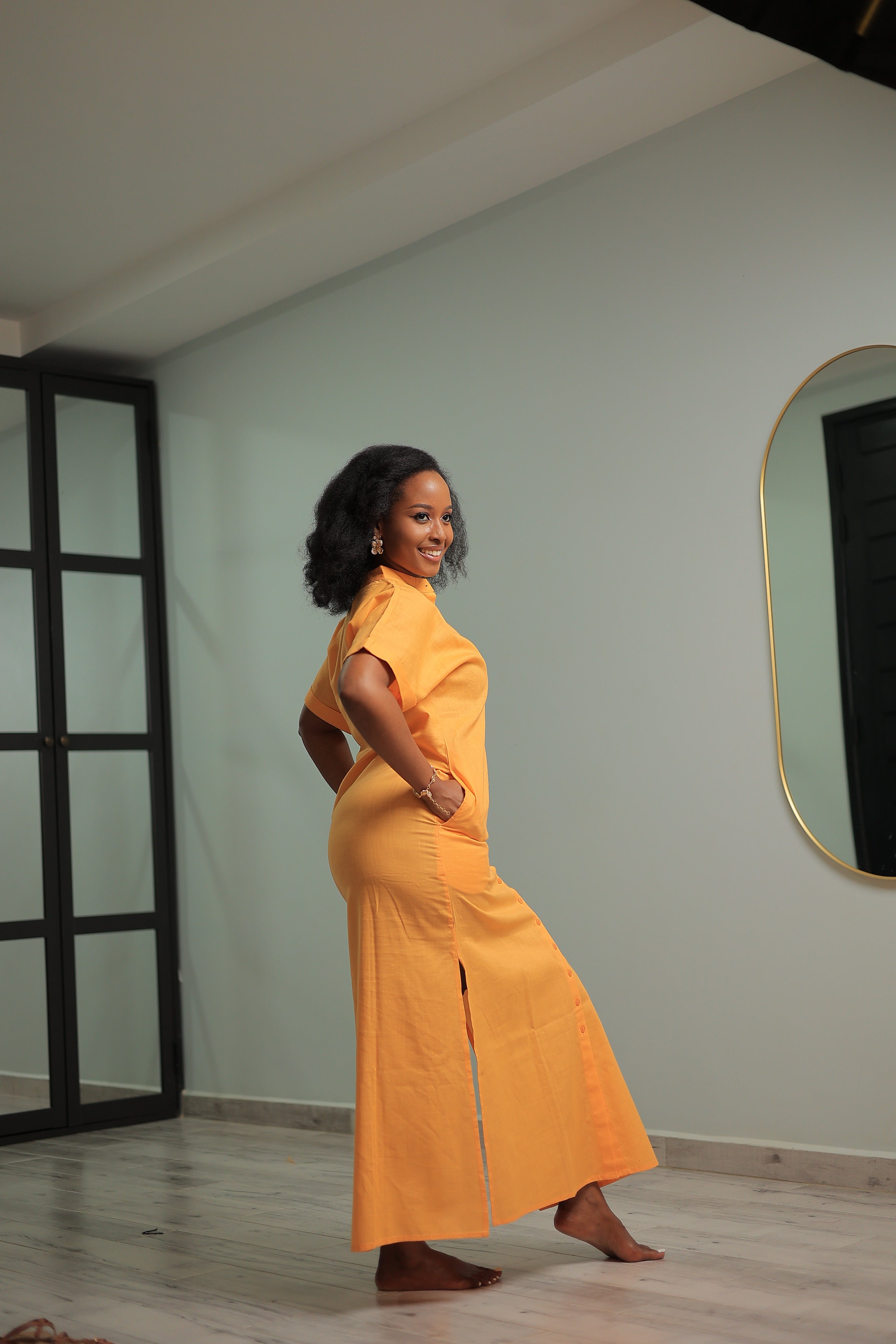 The  Shema Mustard Linen Shirt Dress