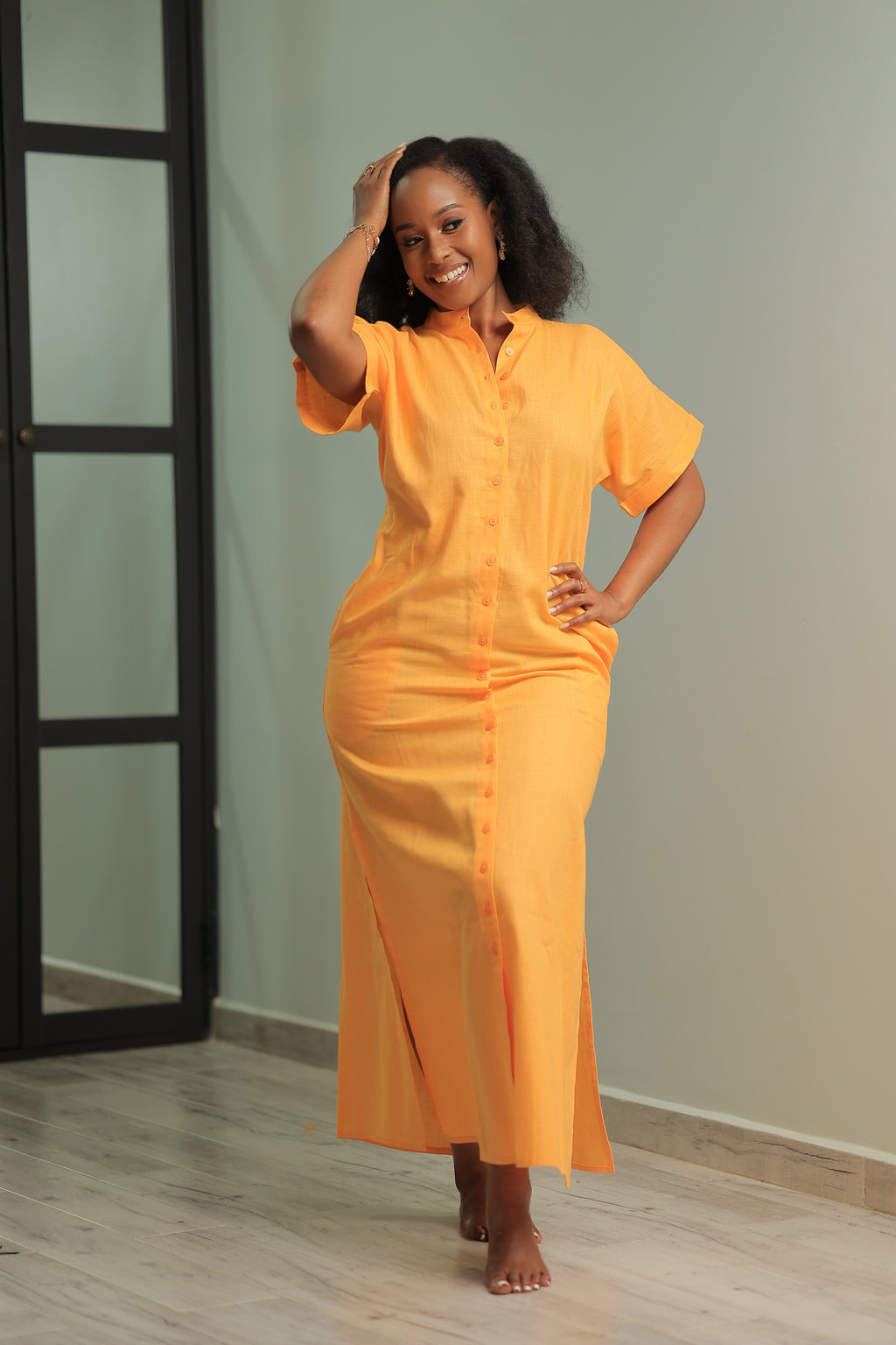 The  Shema Mustard Linen Shirt Dress