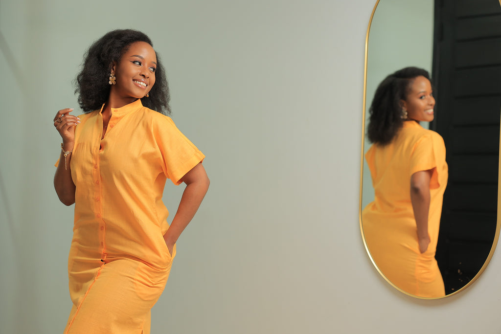 The  Shema Mustard Linen Shirt Dress