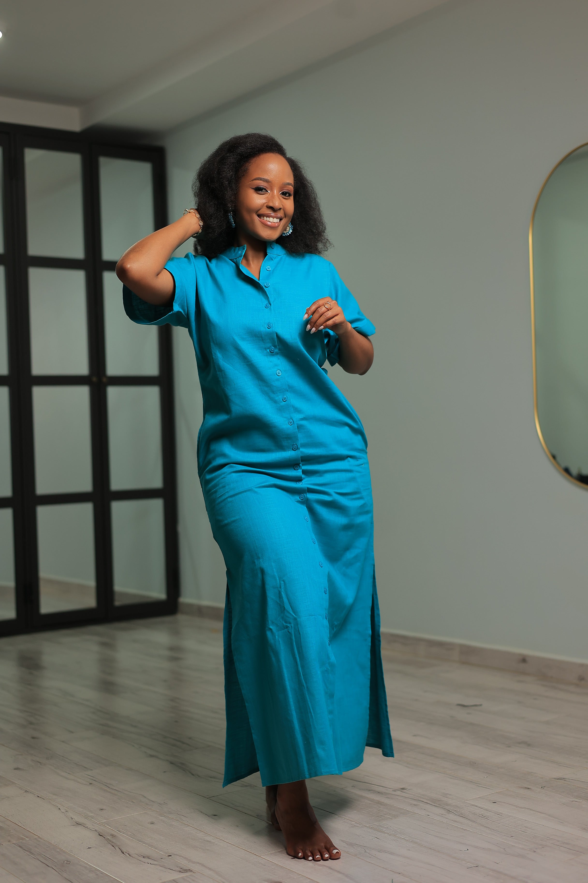 The Shema Turquoise Linen Shirt dress