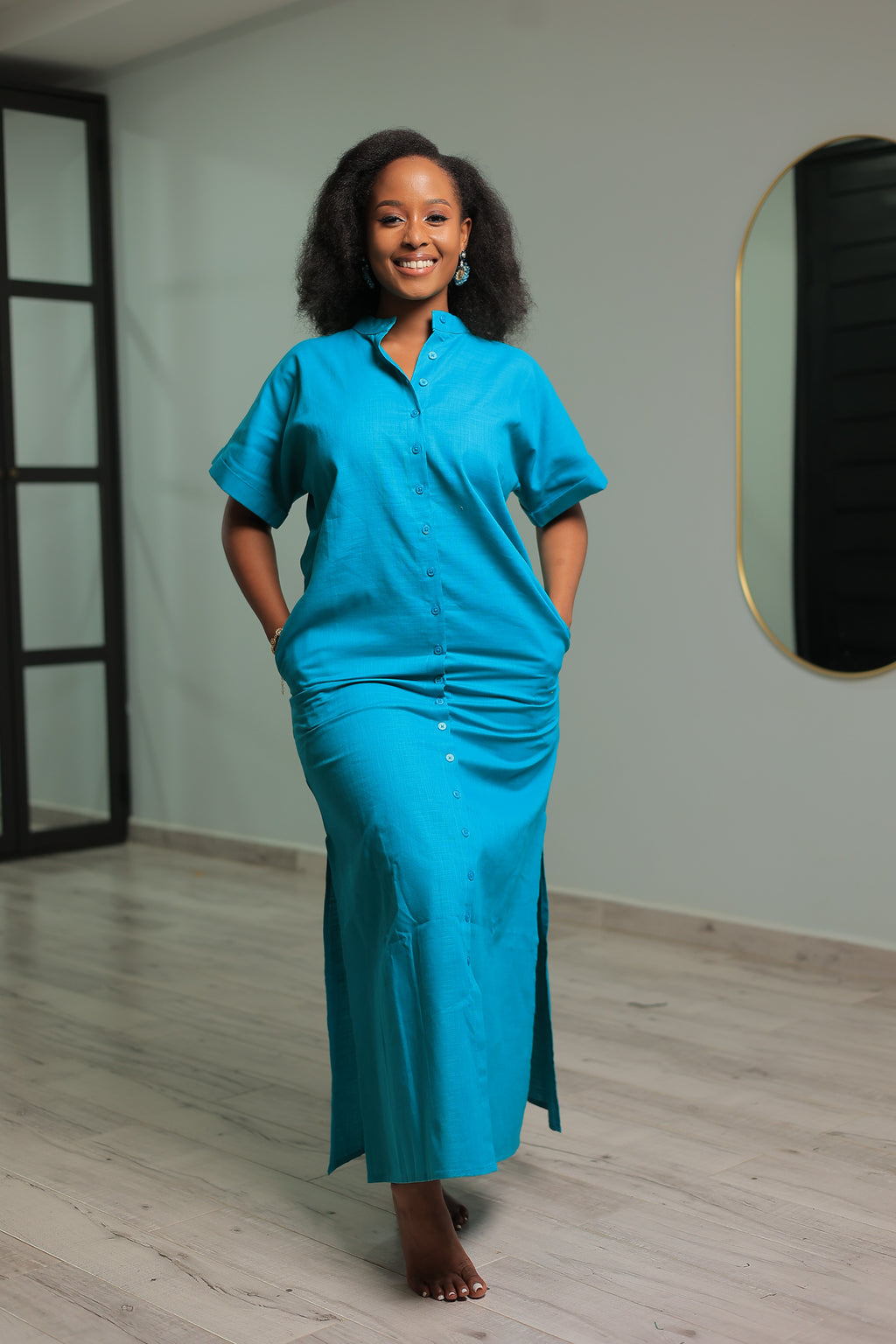 The Shema Turquoise Linen Shirt dress