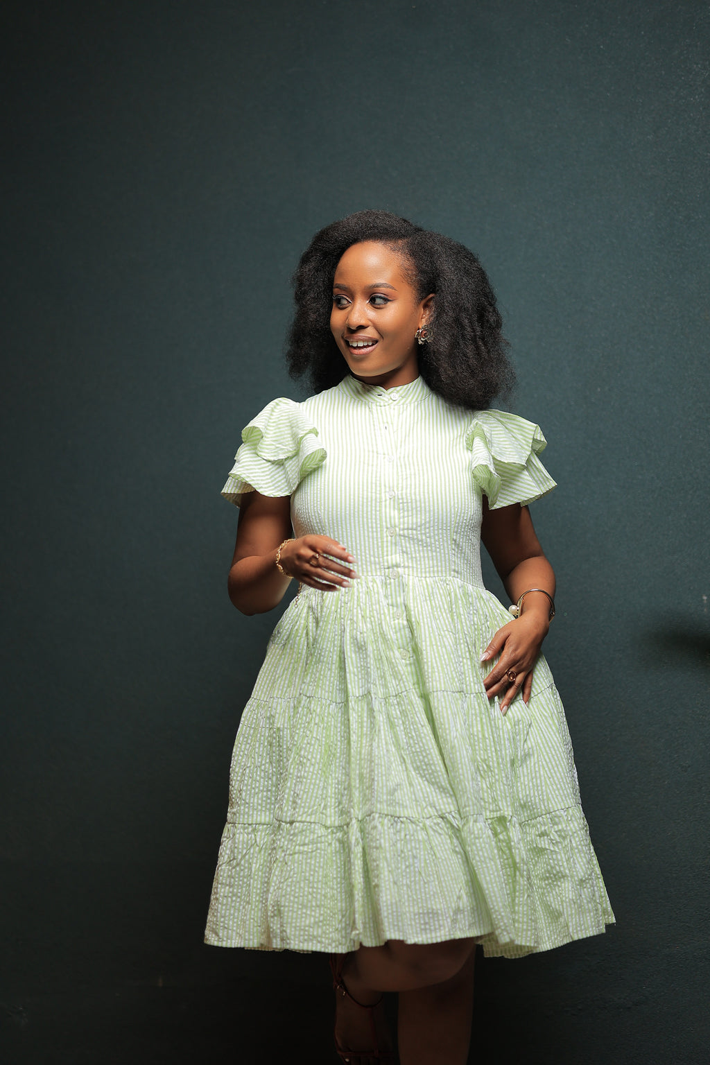 The Kansiime Green Pin Stripped Mini Dress