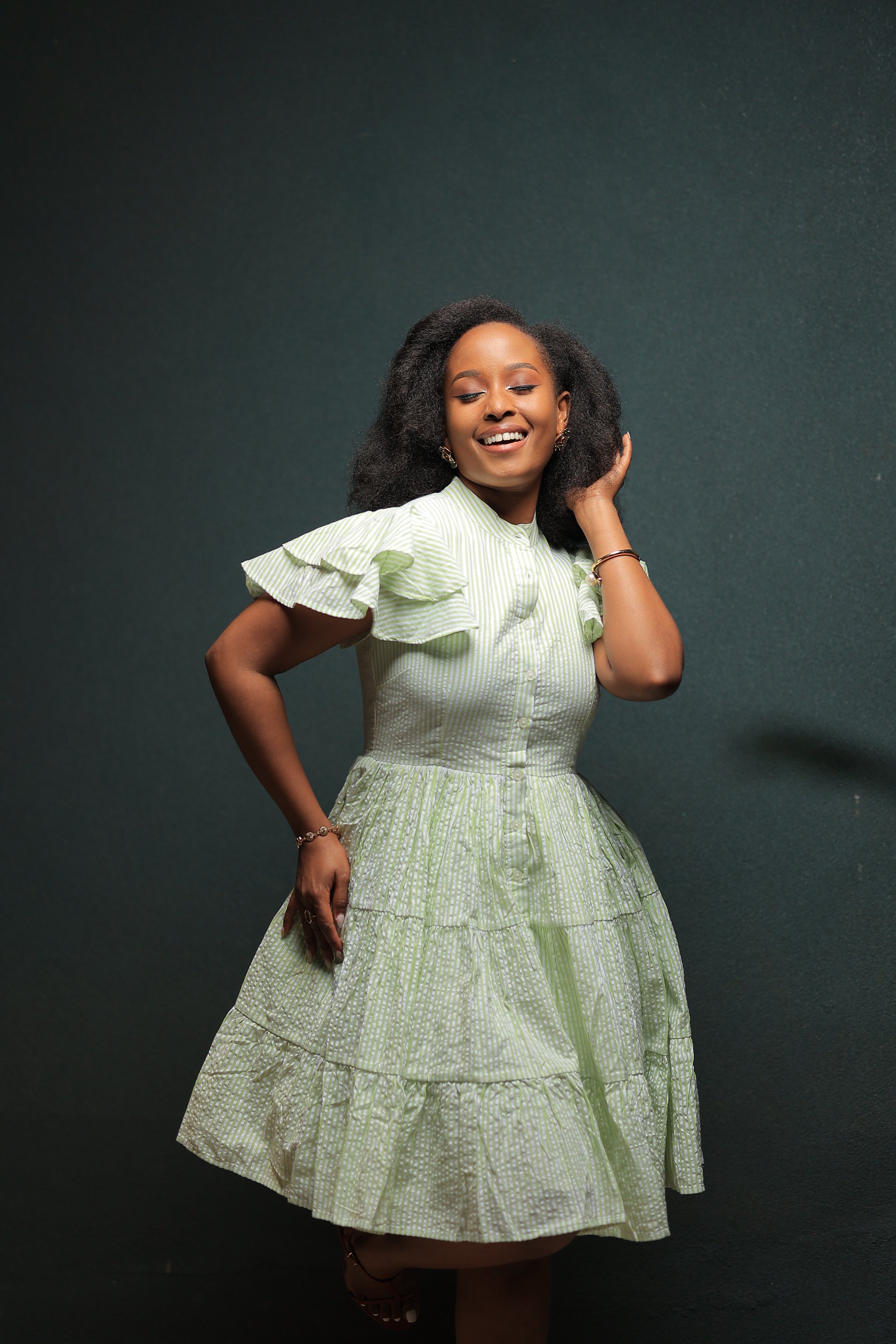 The Kansiime Green Pin Stripped Mini Dress