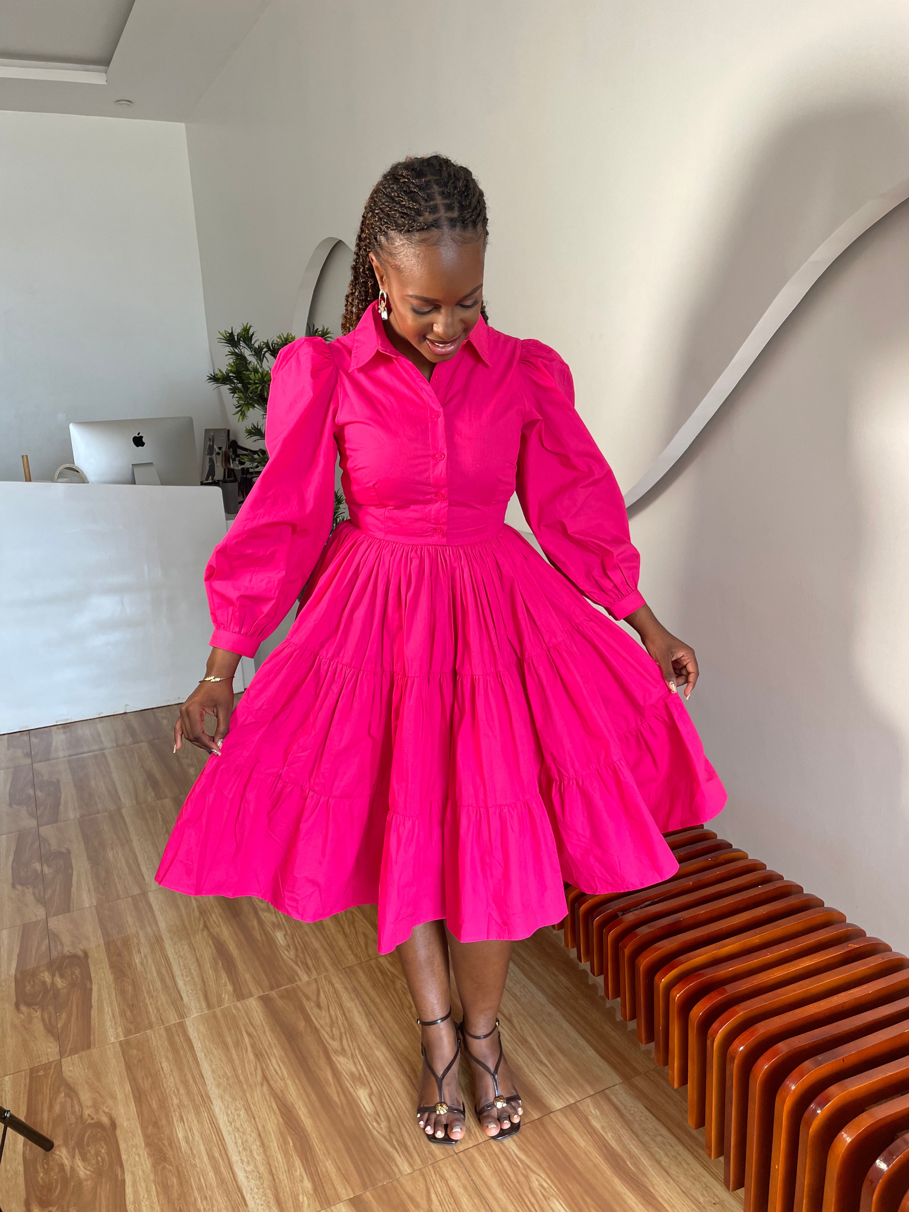Bujjagali Fuschia puff sleeveskater dress
