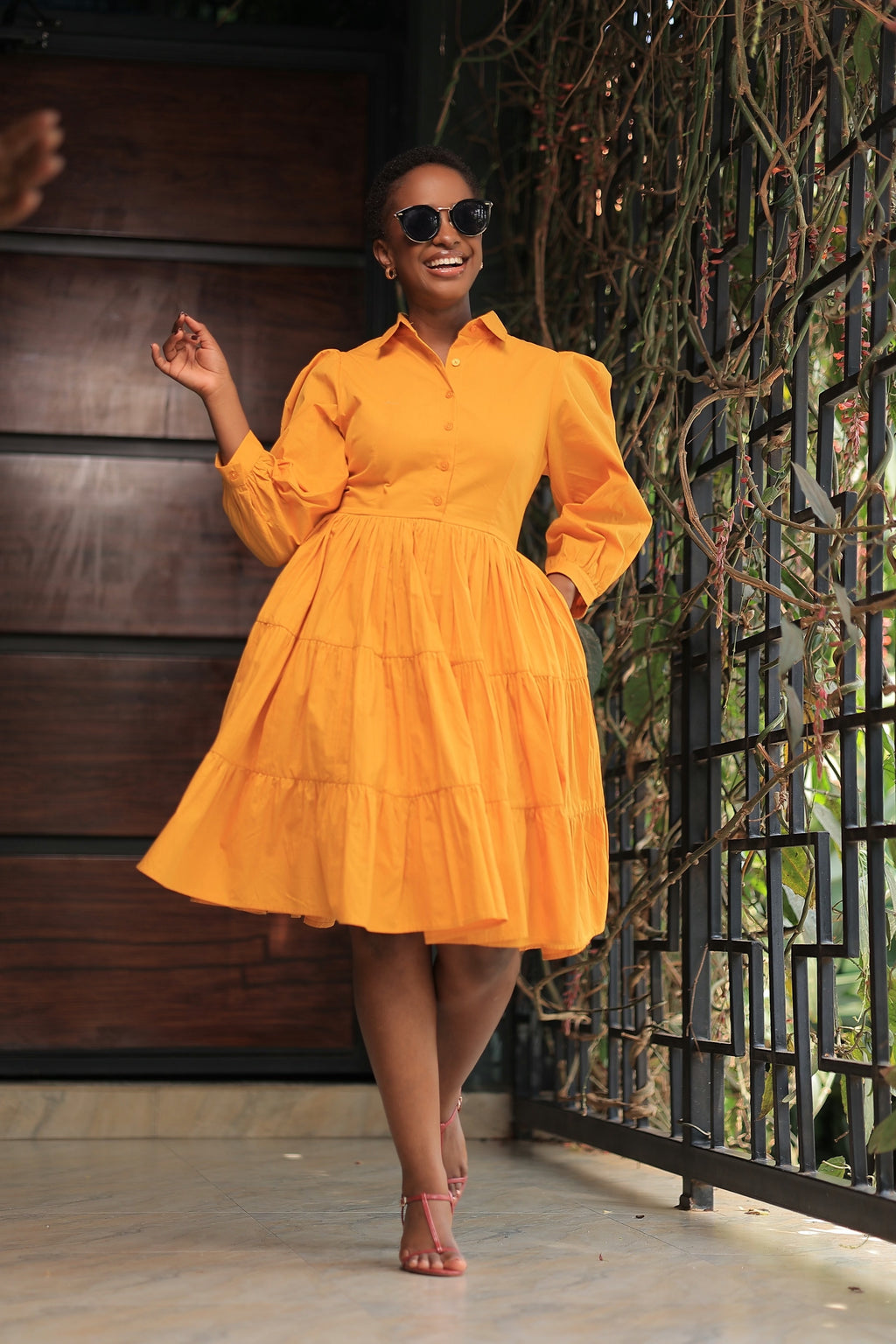 The Bujjagali Mustard sunrise puff sleeve skater dress