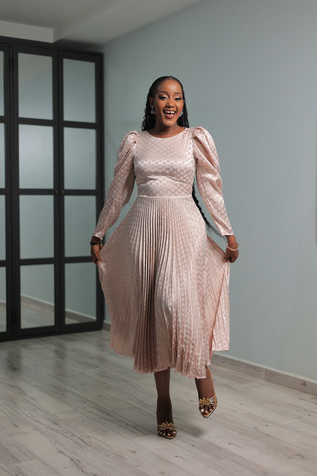 Zuri Polka Dot Satin Pleated Dress