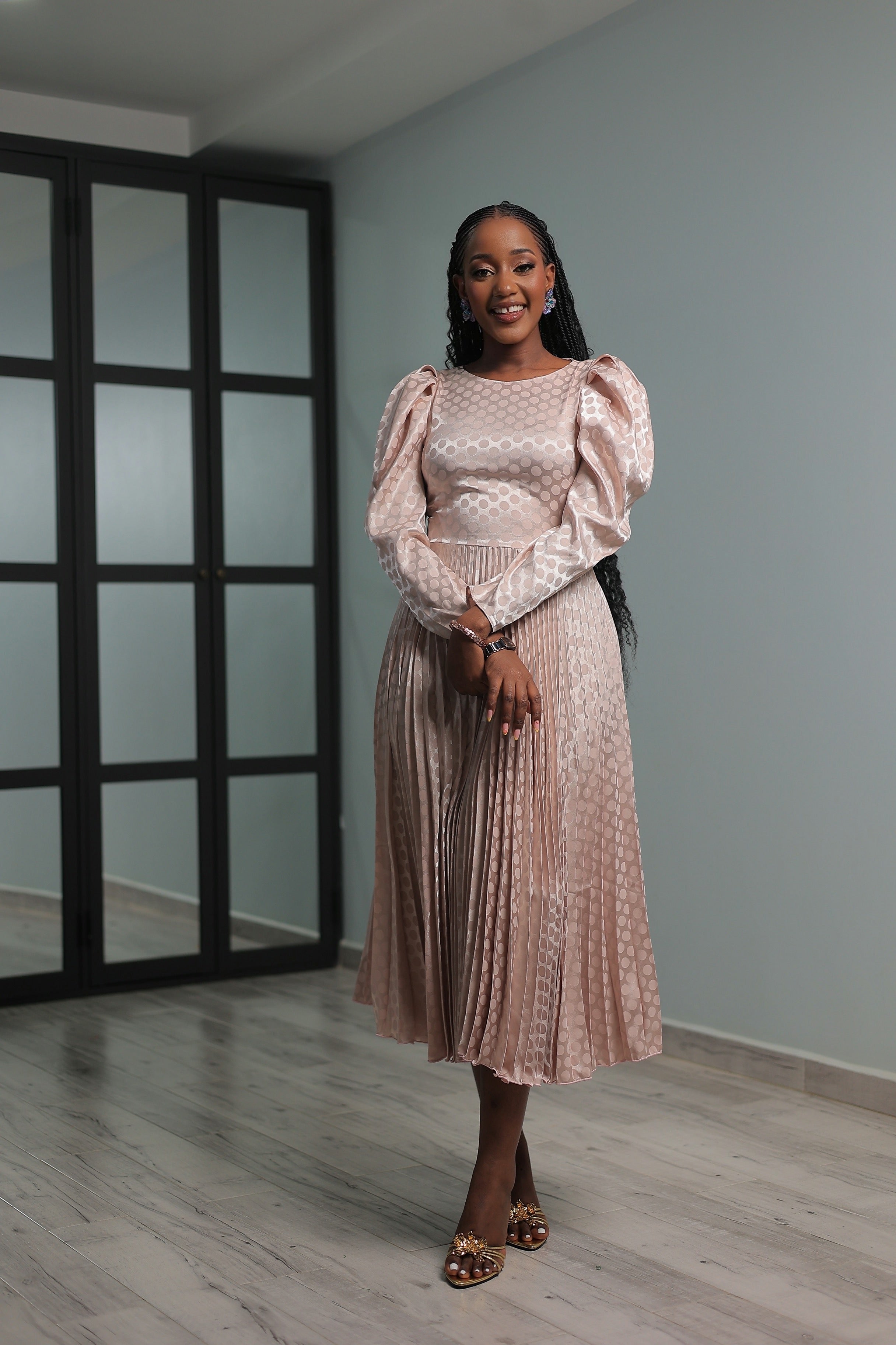 Zuri Polka Dot Satin Pleated Dress – Material Girl