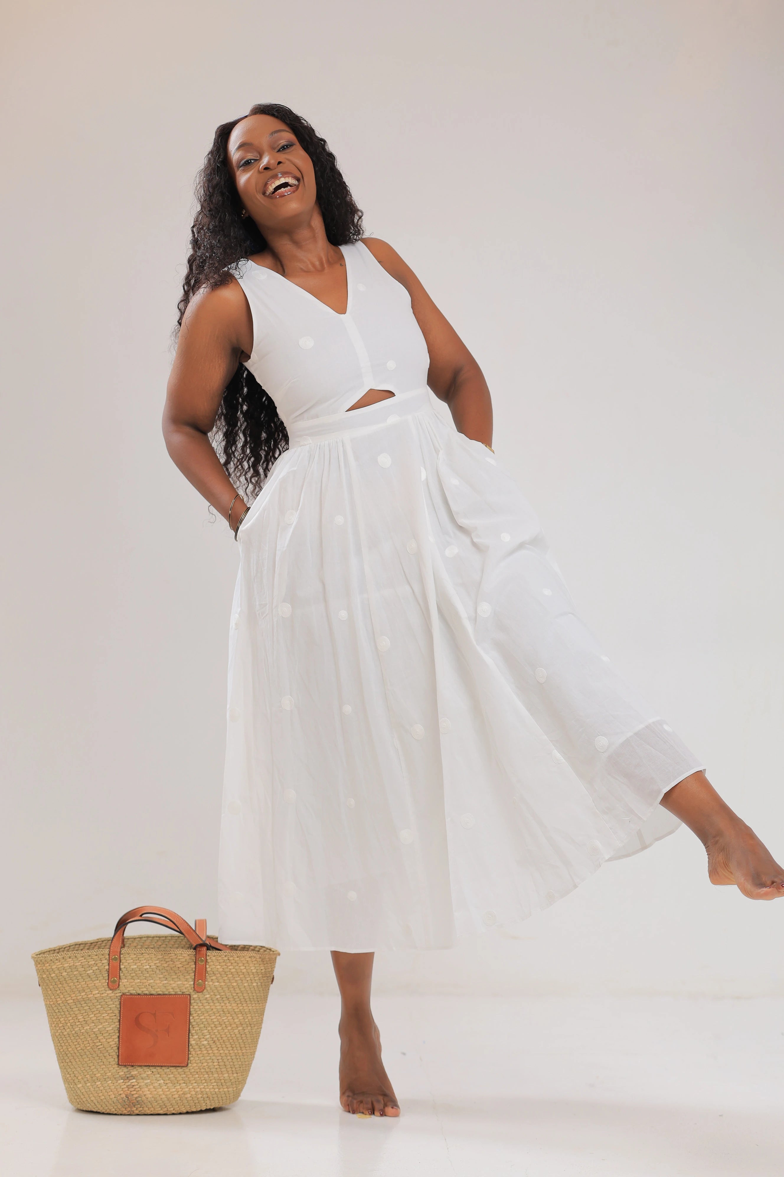 The Nyali vneck white skater dress