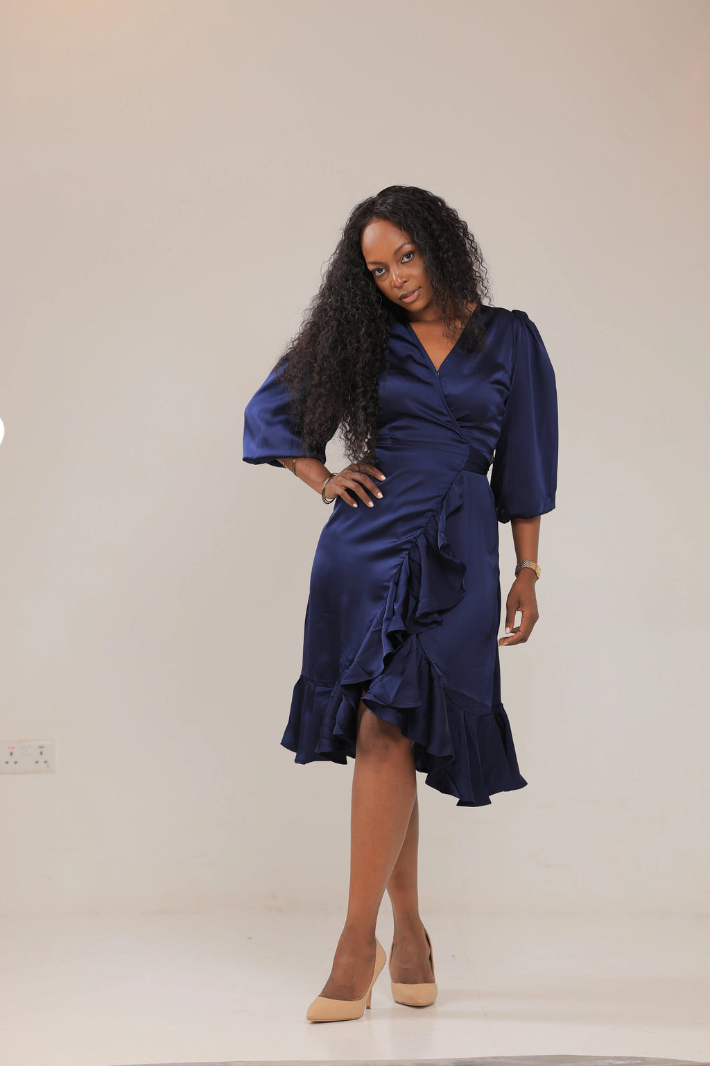 The Ultra Lux Satin Navy blue wrap dress